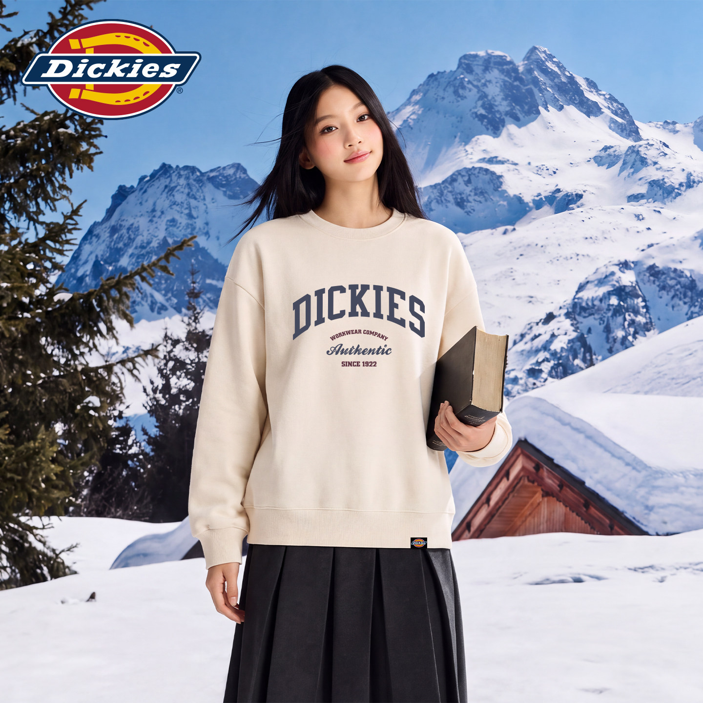 Dickies美式复古卫衣女秋季新款圆领宽松学院风奶白色无帽上衣1A