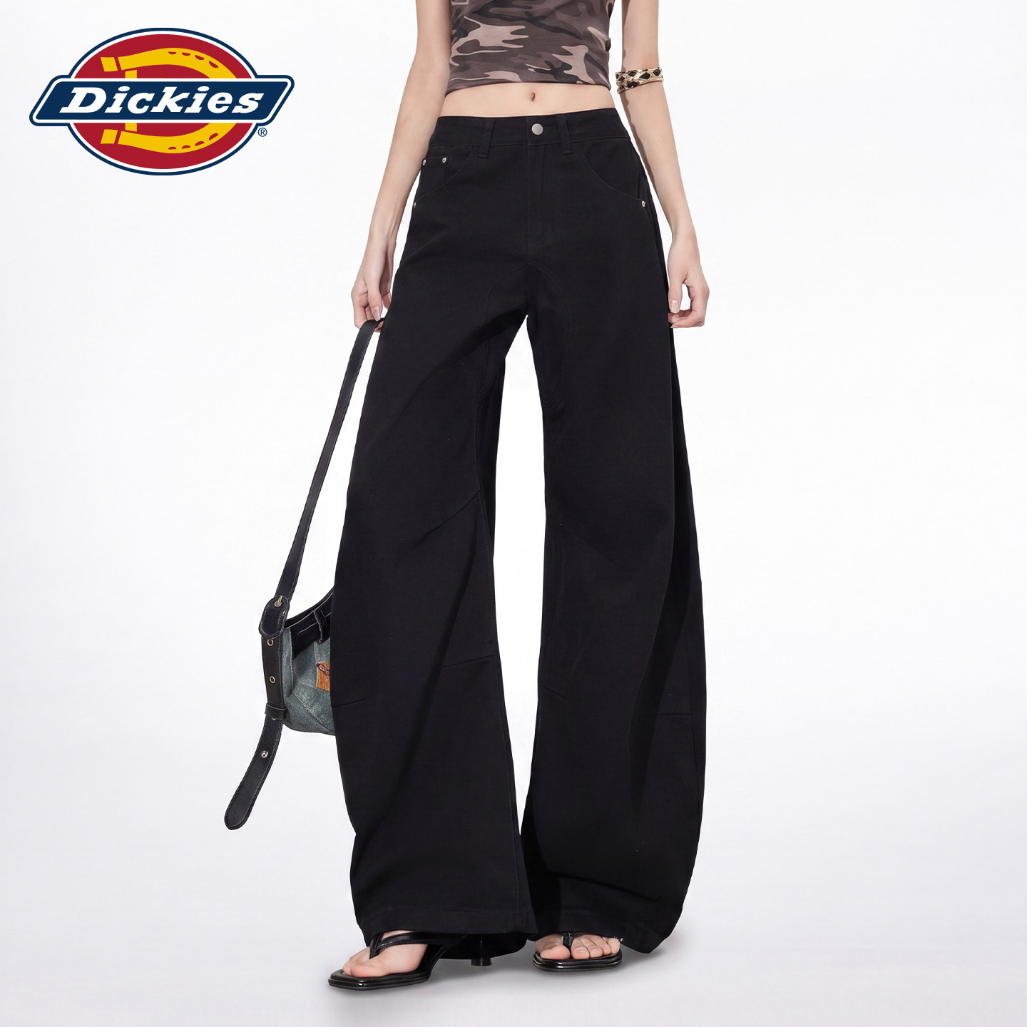 Dickies帝酷适黑色高腰阔腿牛仔裤女2026新款宽松垂感显瘦直筒裤m