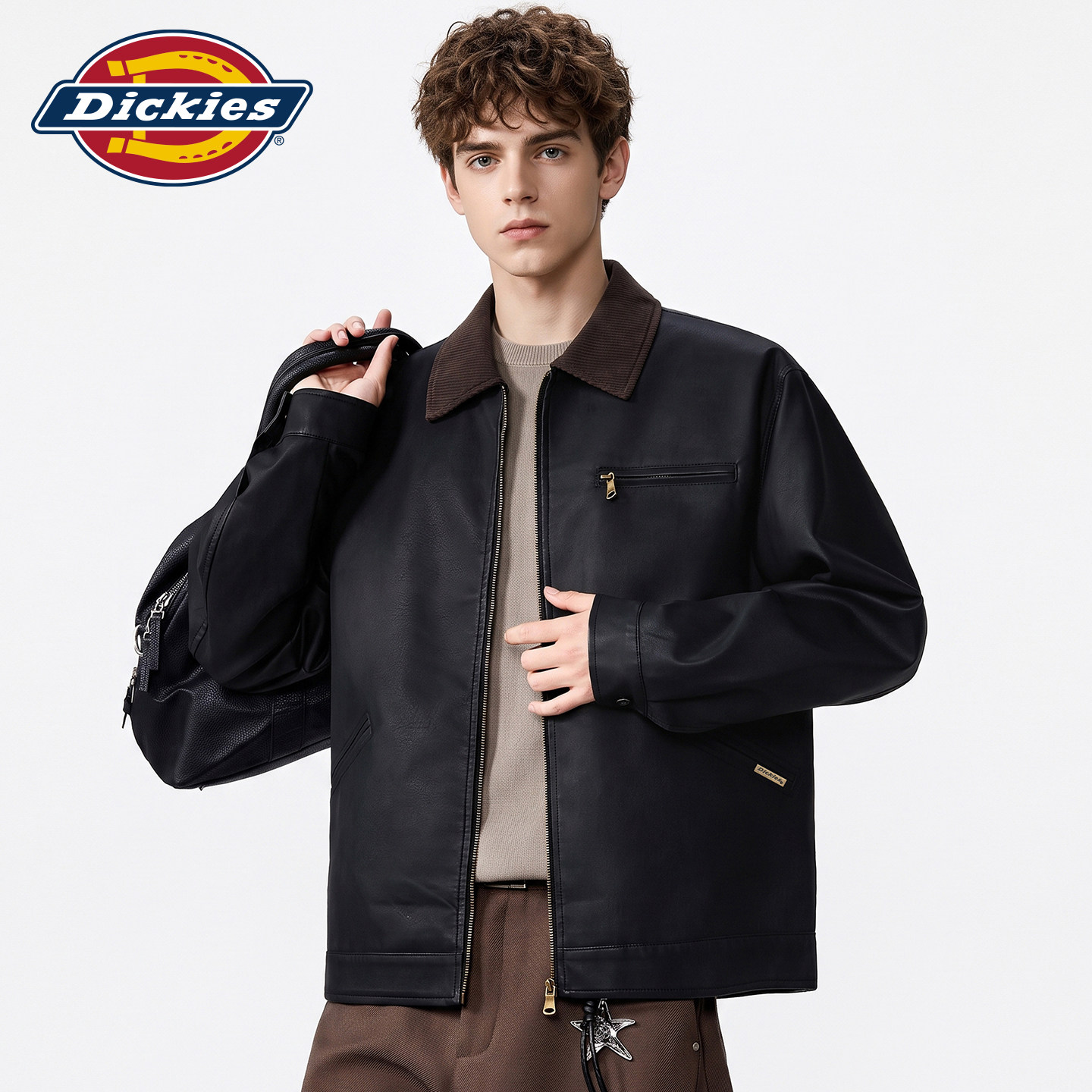 Dickies帝酷适美式潮牌撞色翻领夹克男士秋季拉链开衫PU皮衣外套Y