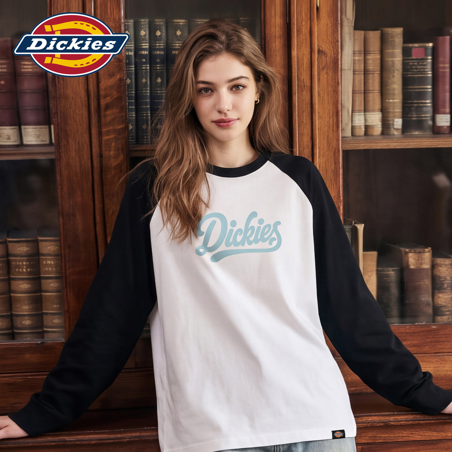 Dickies帝酷适撞色插肩袖长袖T恤女美式复古字母印花打底衫上衣m