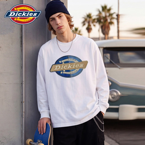 Dickies帝酷适纯棉白色长袖T恤男生秋季品牌LOGO印花打底衫上衣M