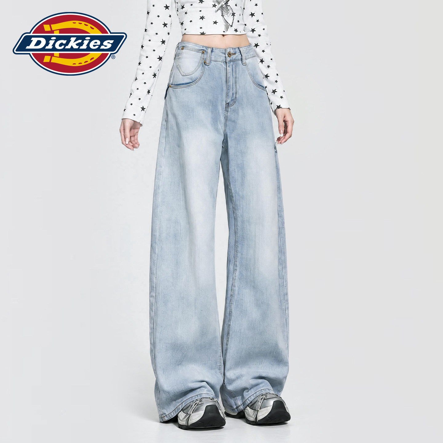 Dickies帝酷适阔腿牛仔裤女2026秋季美式风浅蓝宽松显瘦高腰长裤m