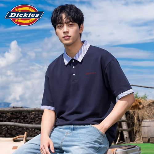 Dickies帝酷适条纹翻领短袖POLO衫男款夏季美式潮牌宽松半袖上衣M