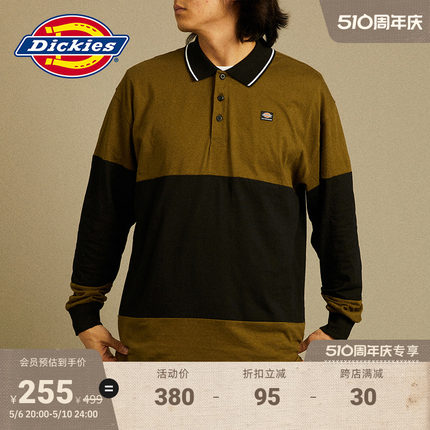 Dickies 春夏 工装男女情侣条纹运动复古运动Polo长袖T恤宽松内搭