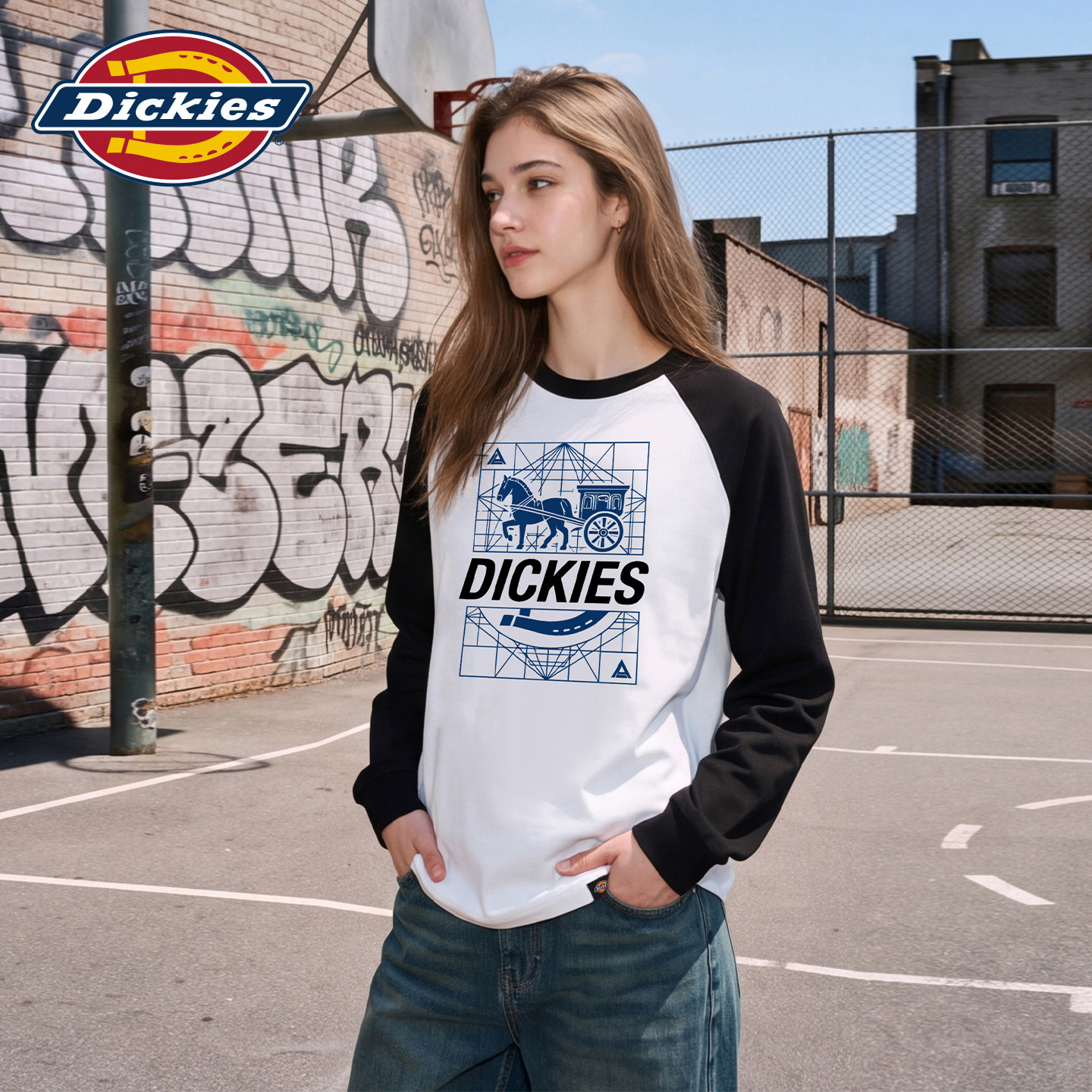 Dickies帝酷适美式穿搭设计撞色插肩长袖T恤女印花宽松长袖上衣m