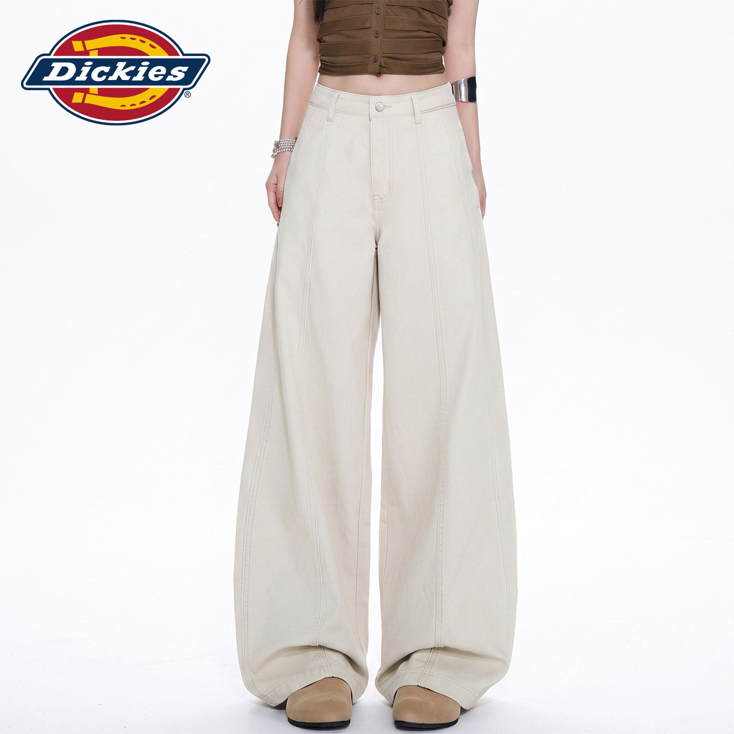 Dickies帝酷适米色高腰休闲阔腿牛仔裤女秋季设计感宽松直筒裤子Y