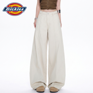 Dickies帝酷适米色高腰休闲阔腿牛仔裤女秋季设计感宽松直筒裤子Y