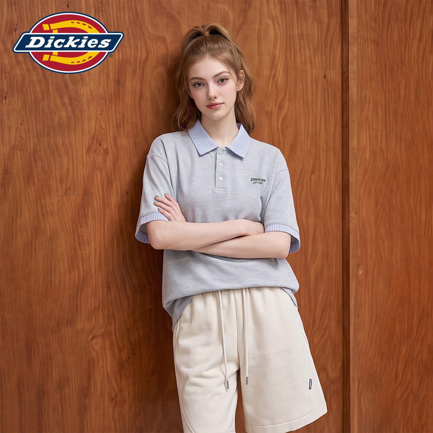 Dickies帝酷适花灰色翻领POLO衫女短袖t恤宽松休闲舒适百搭上衣m