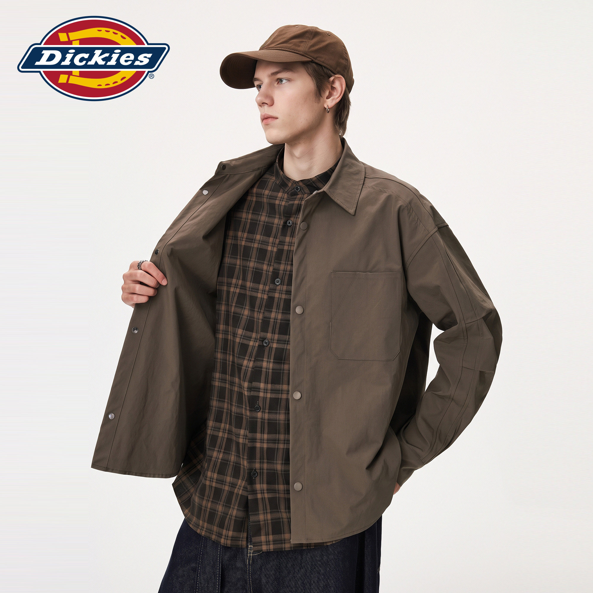 Dickies帝酷适美式假两件翻领衬衫男士秋季格子拼接宽松休闲外套M