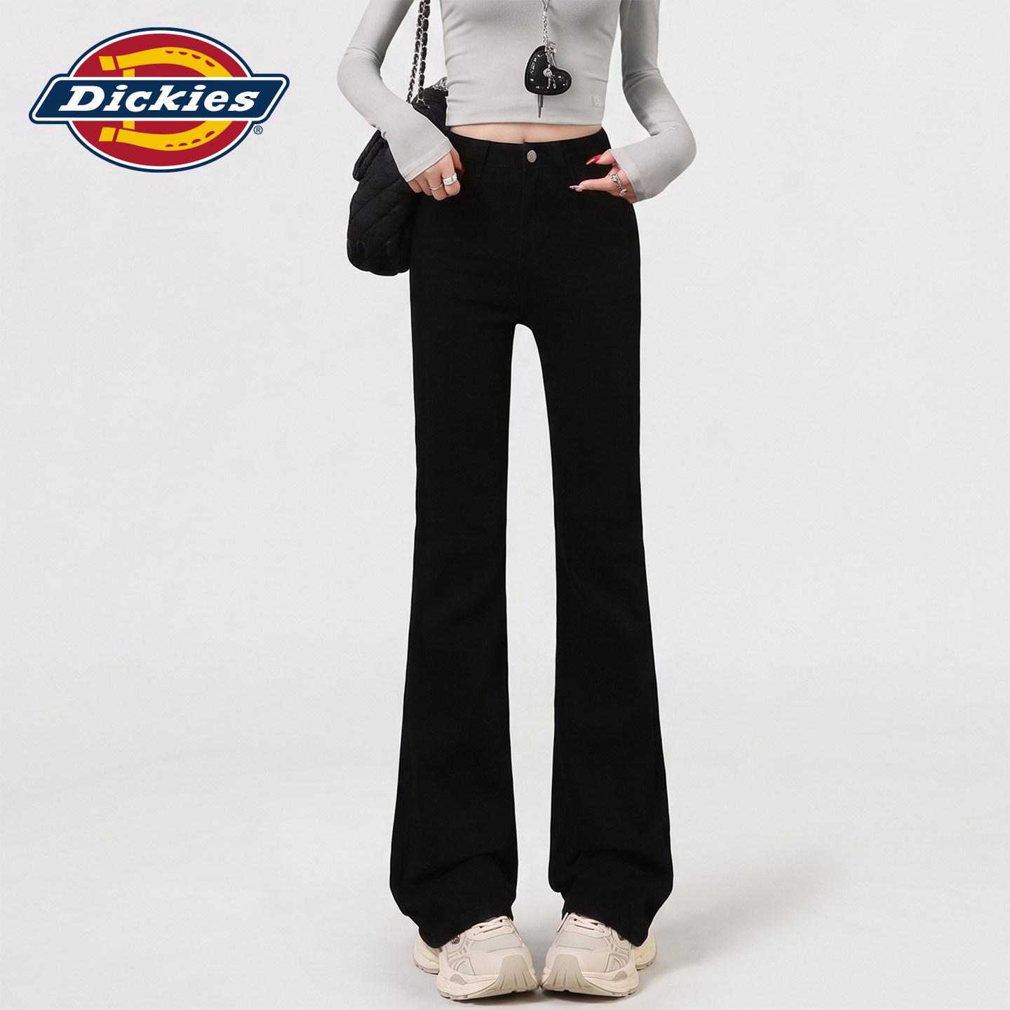 Dickies帝酷适复古休闲微喇牛仔裤女秋冬加绒高腰修身弹力喇叭裤Y