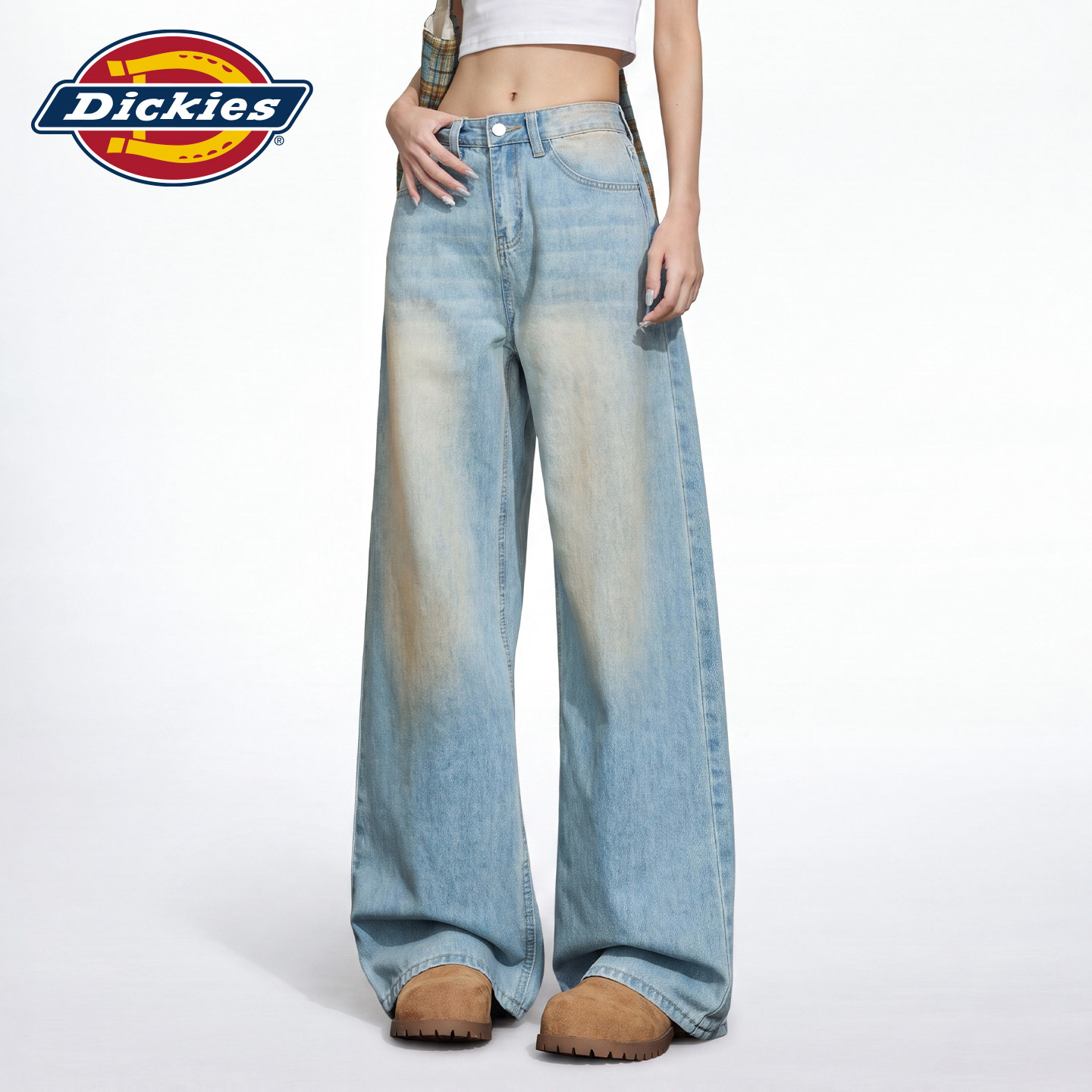 Dickies帝酷适2026美式复古风高腰阔腿牛仔裤女宽松显瘦水洗长裤m