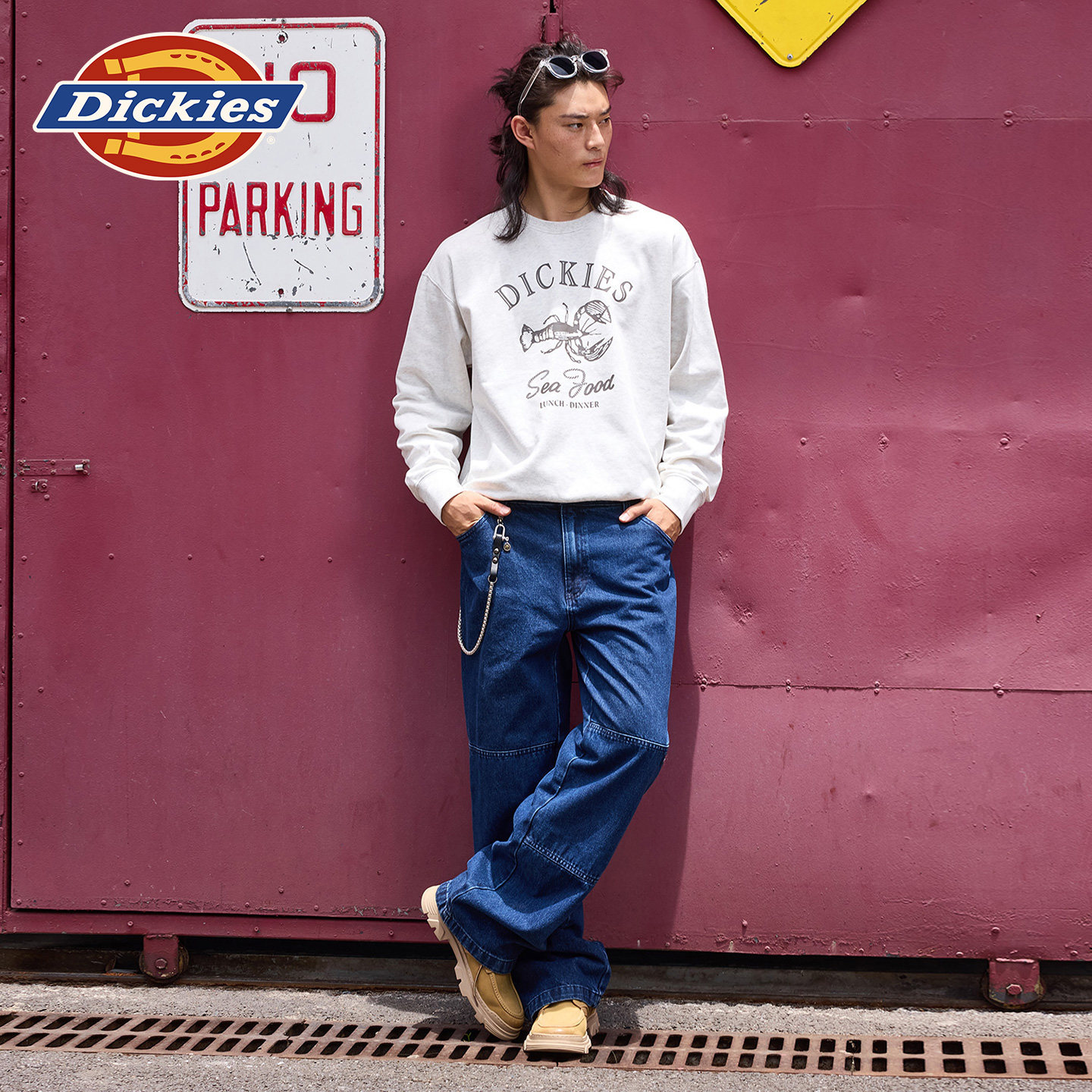 Dickies帝酷适26春秋新款龙虾复古图案印花宽松毛圈内里圆领卫衣J