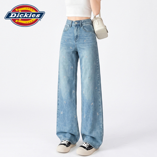 Dickies帝酷适浅蓝粉玫瑰刺绣烫钻牛仔裤女秋季设计感高腰阔腿裤Y