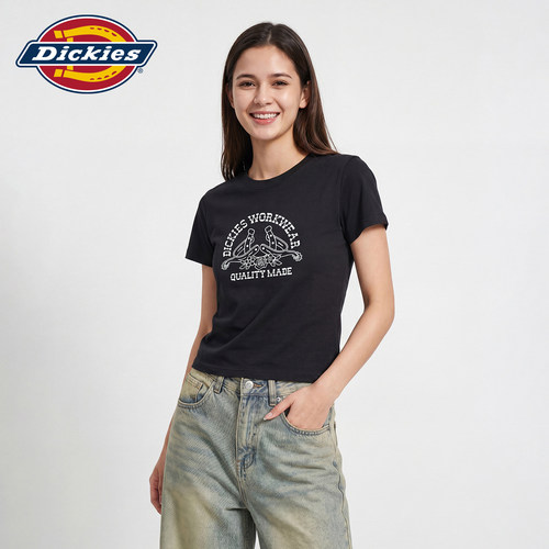 Dickies帝酷适复古印花短袖T恤女士修身短款微弹上衣夏季休闲款J