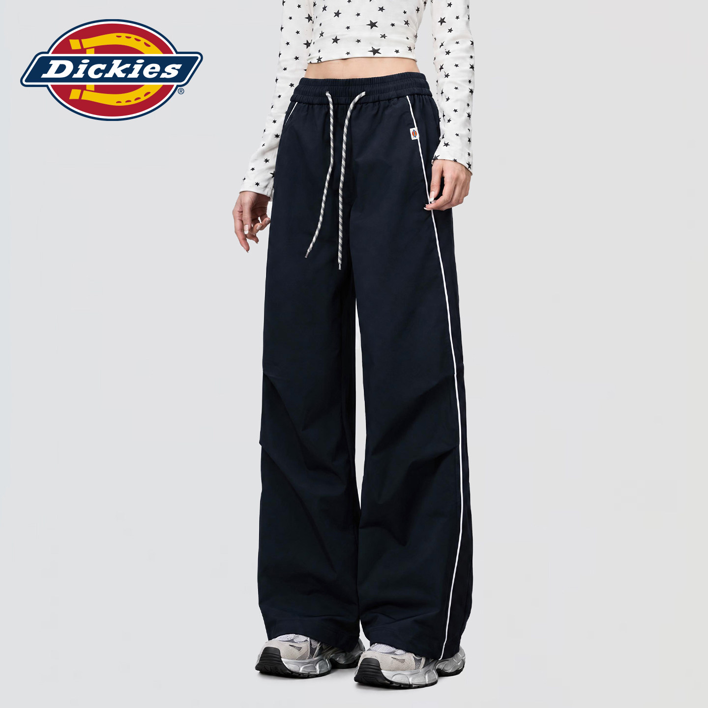 Dickies帝酷适松紧腰阔腿休闲裤女2026秋季宽松显瘦抽绳户外风裤m