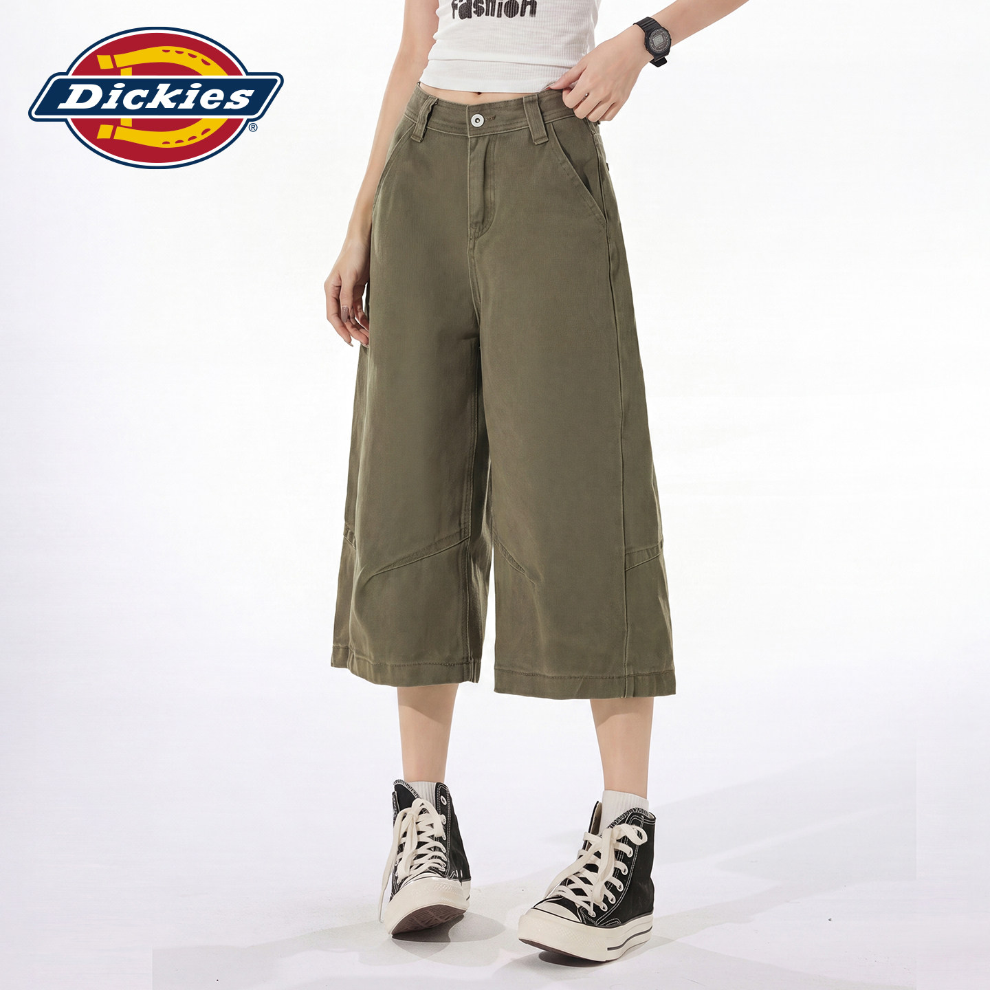 Dickies帝酷适工装风卡其色七分阔腿牛仔裤女高腰显瘦宽松牛仔裤m