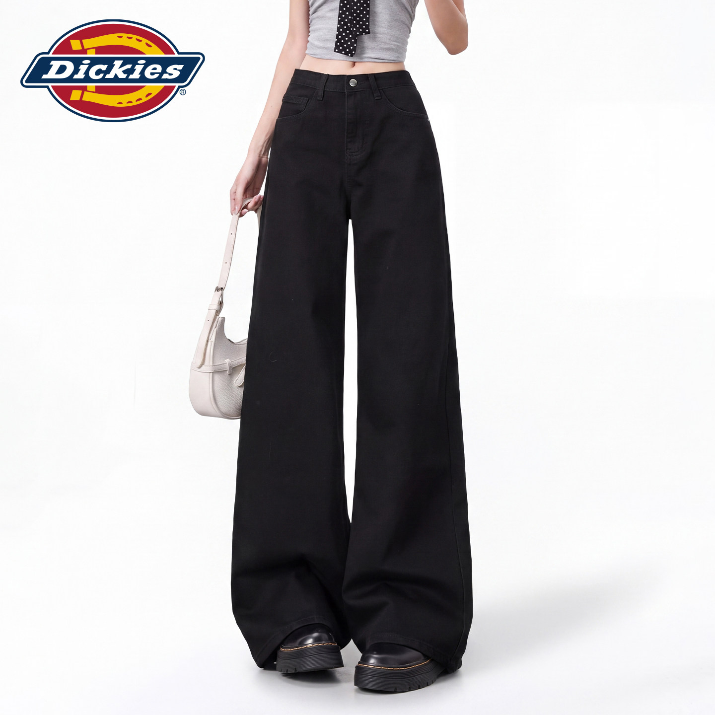 Dickies帝酷适黑色高腰阔腿牛仔裤女2026新款宽松垂感显瘦直筒裤m