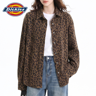 Dickies帝酷适美式复古豹纹长袖衬衫女秋季慵懒宽松休闲衬衣外套Y