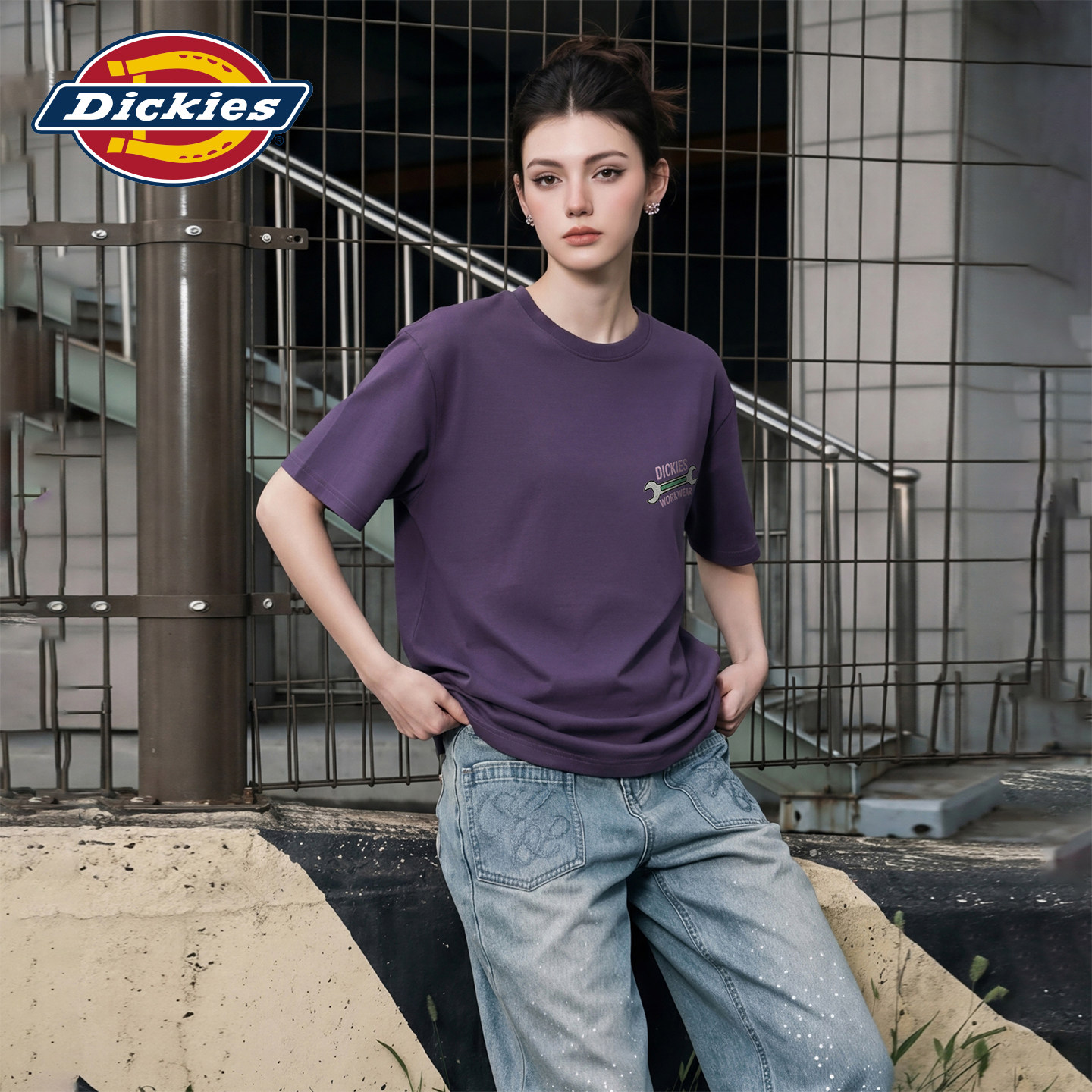 Dickies帝酷适紫色纯棉短袖T恤女夏季新款宽松休闲圆领半袖上衣m