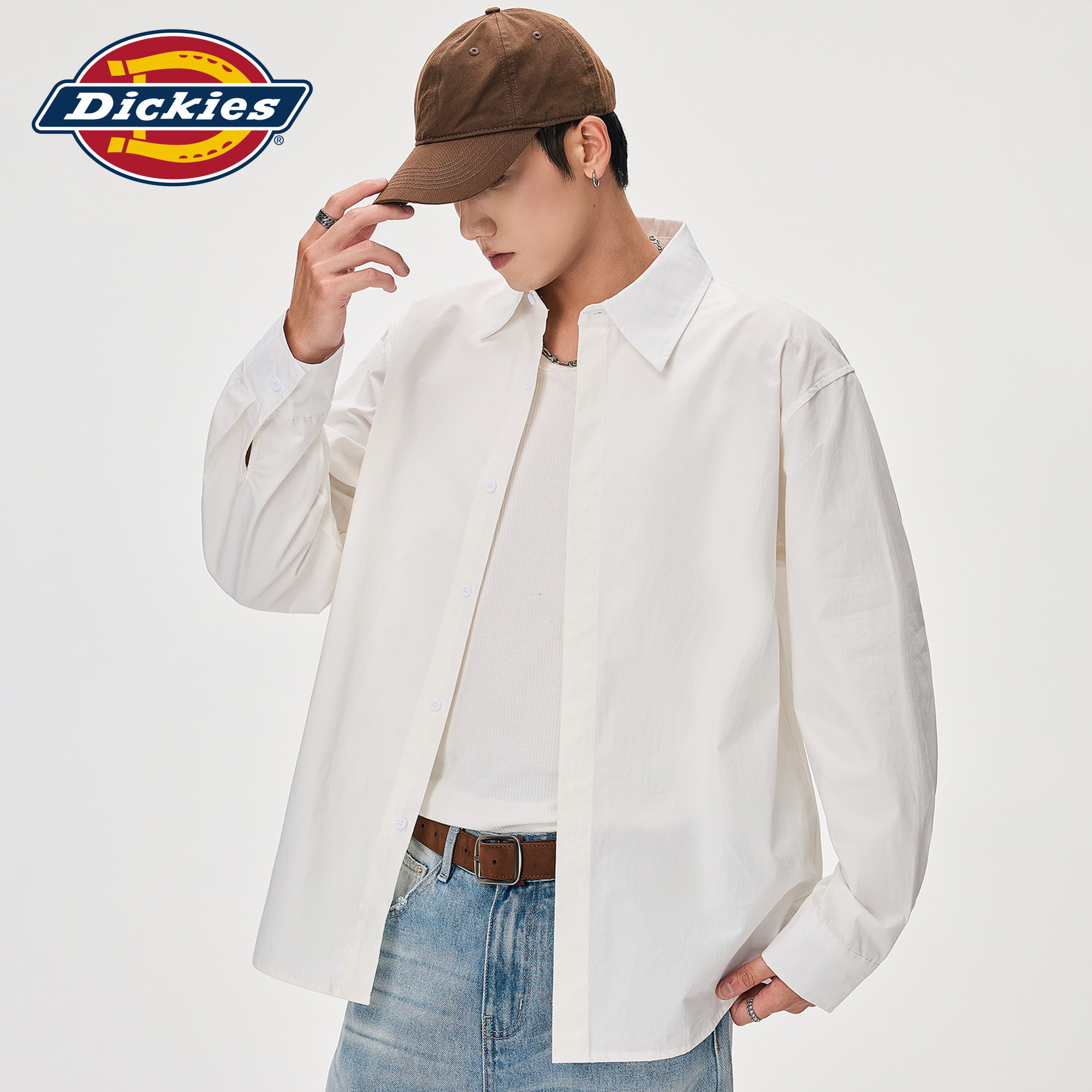 Dickies帝酷适白色长袖衬衫男秋季美式纯棉衬衣休闲翻领通勤外套M