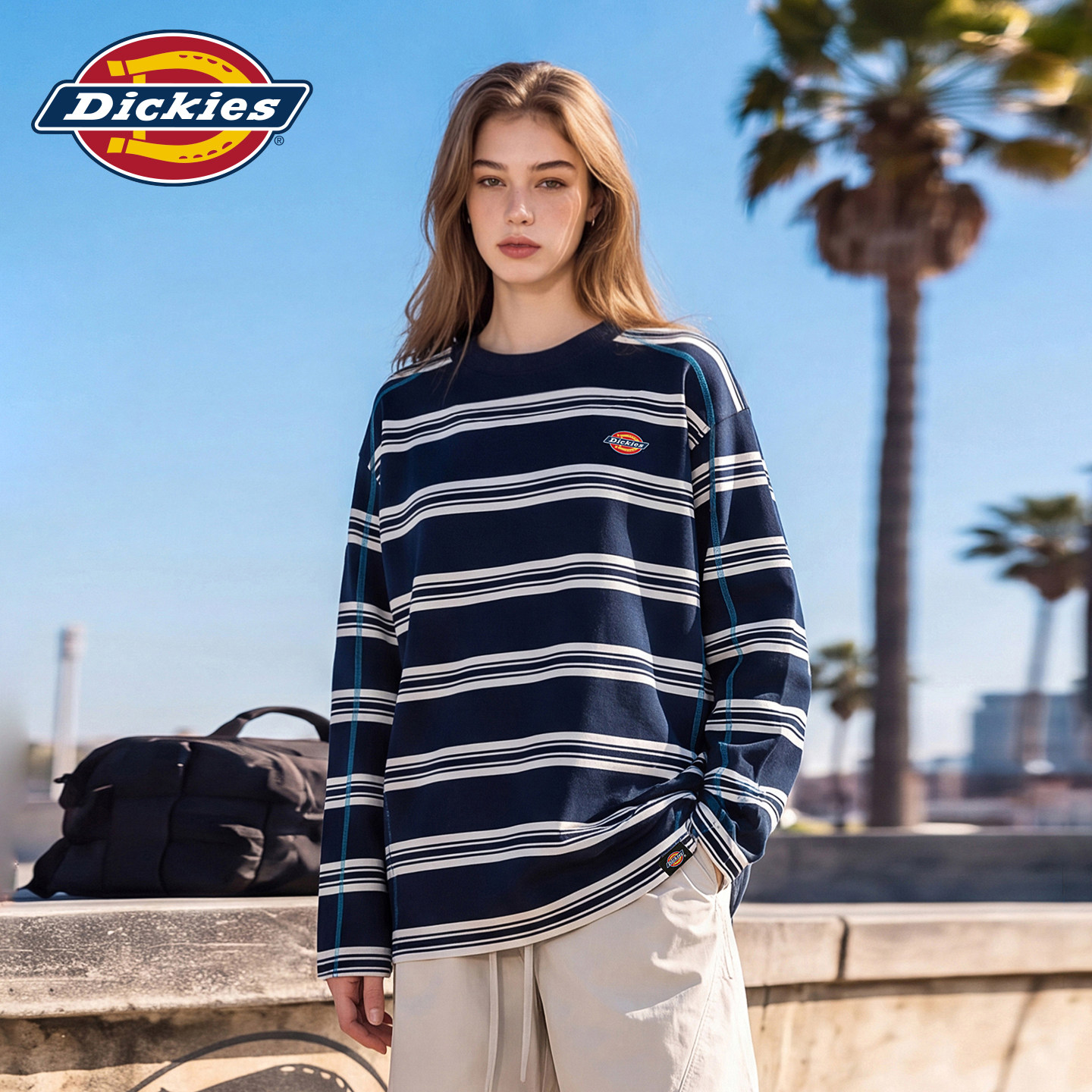 Dickies帝酷适美式条纹长袖T恤女2026秋季宽松休闲设计百搭上衣m