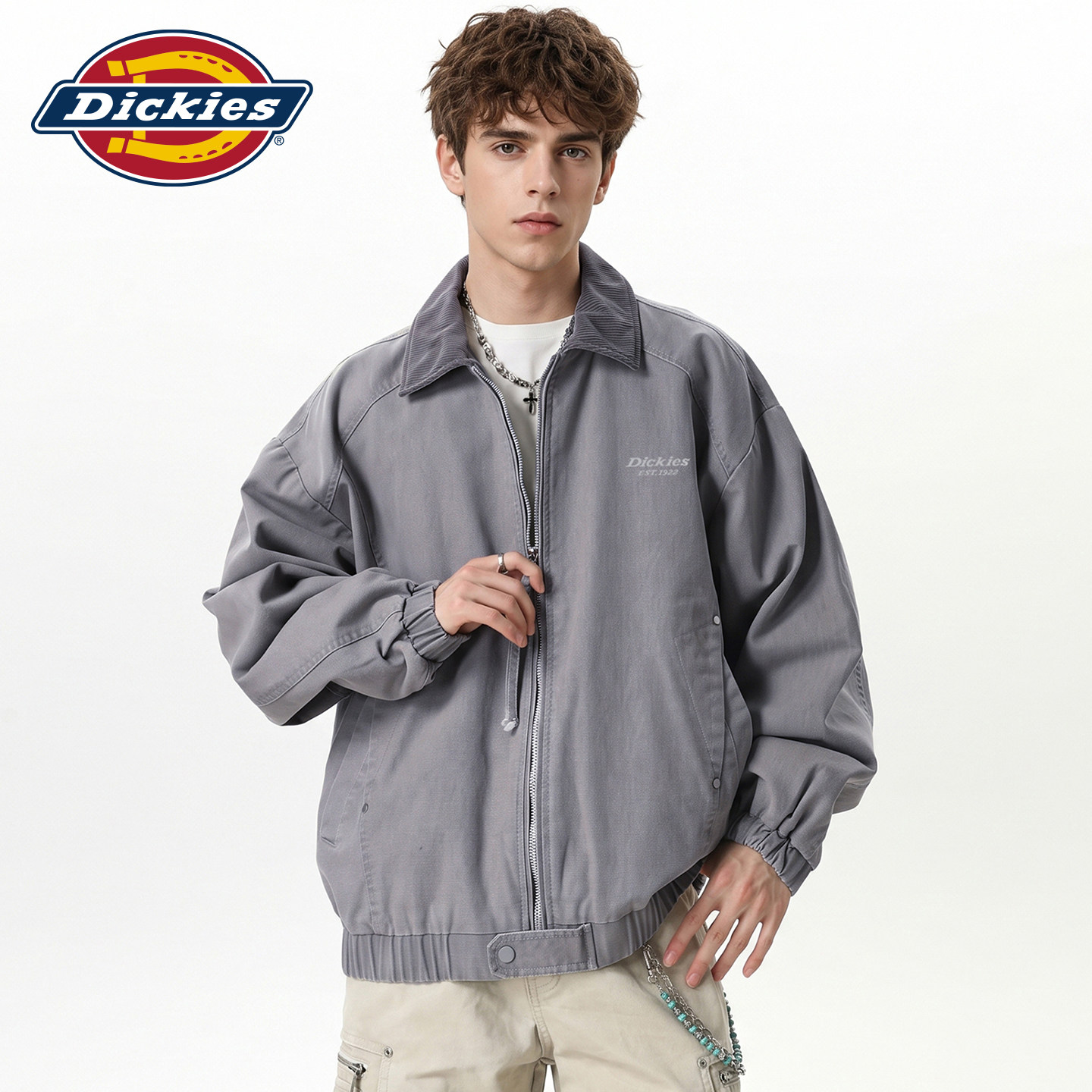 Dickies帝酷适潮牌解构拼接拉链开衫夹克男士春秋季宽松翻领外套Y