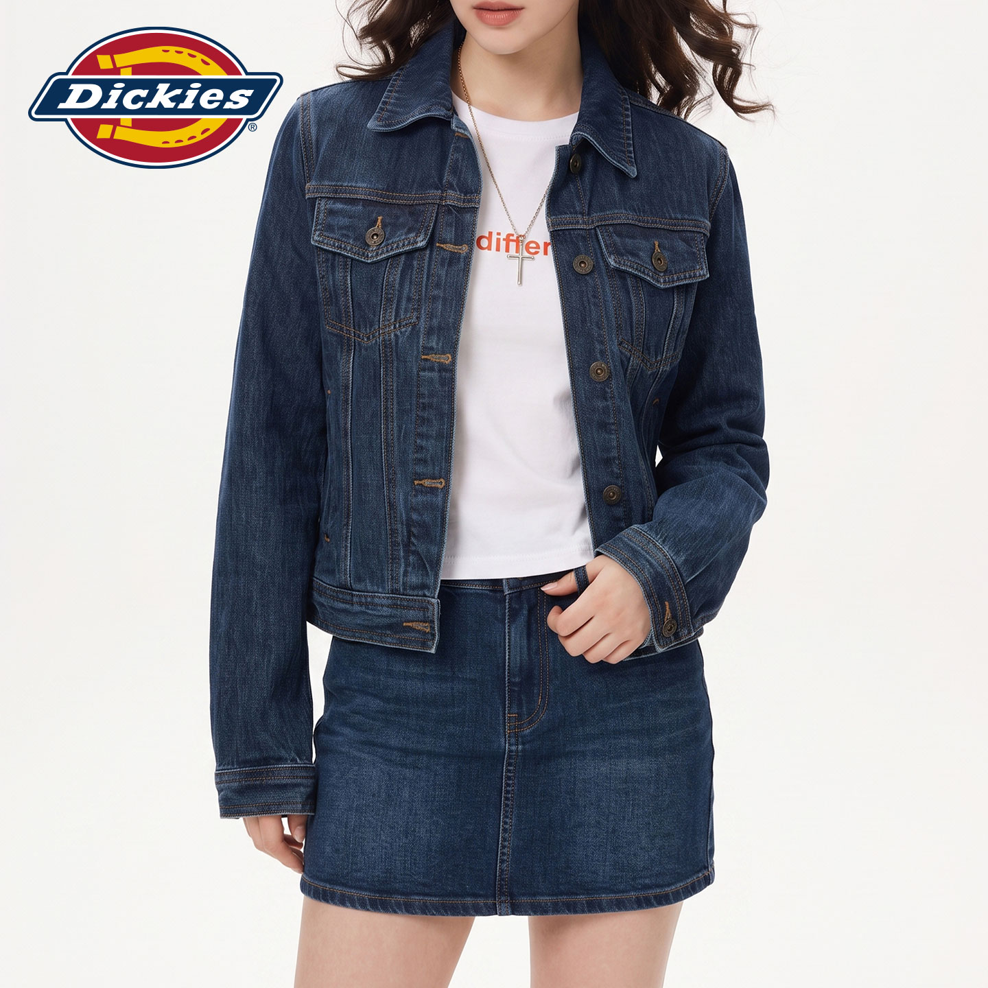 Dickies帝酷适美式深蓝色牛仔外套女修身翻领休闲风夹克短款上衣Y