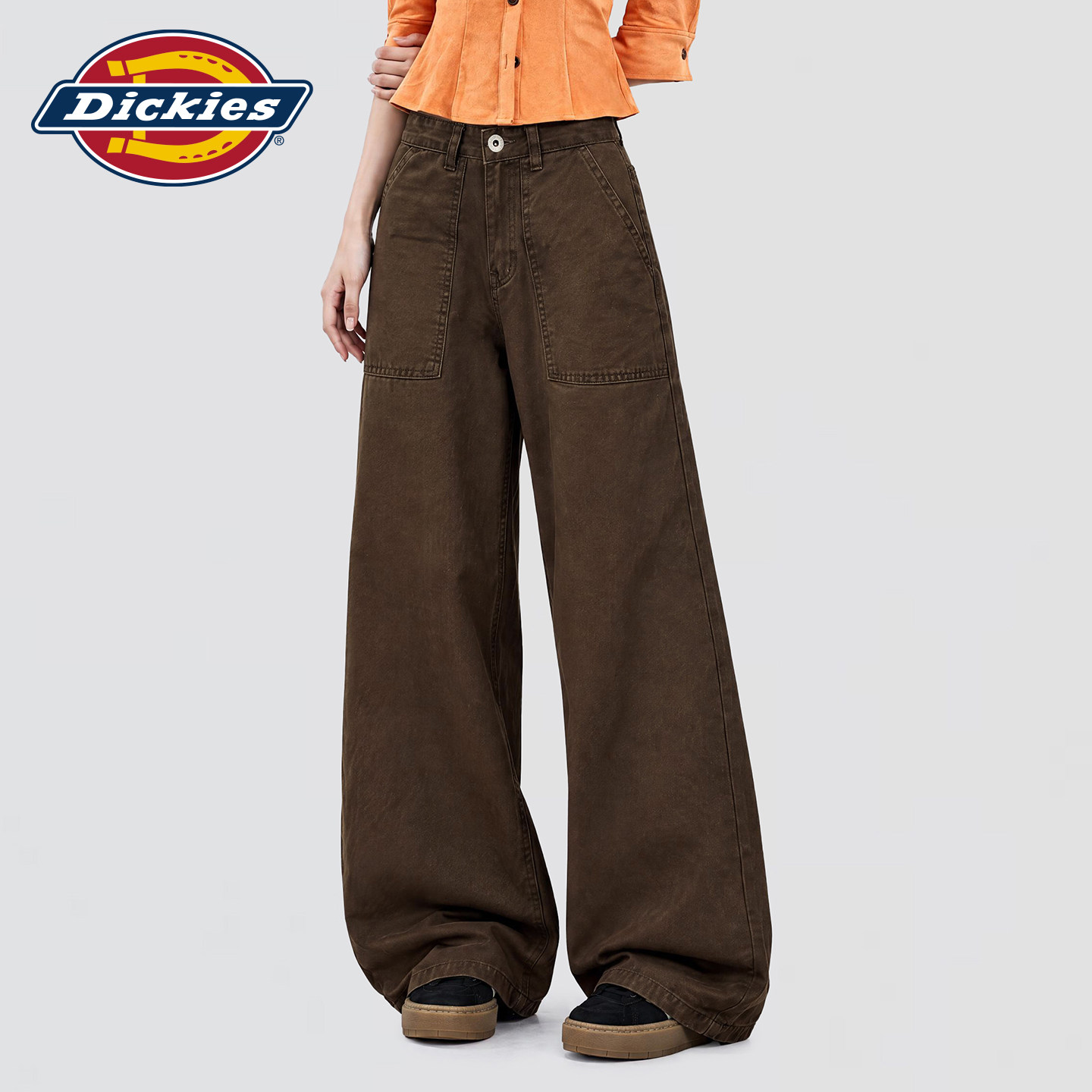 Dickies帝酷适深咖色工装风阔腿牛仔裤女美式复古宽松显瘦拖地裤m