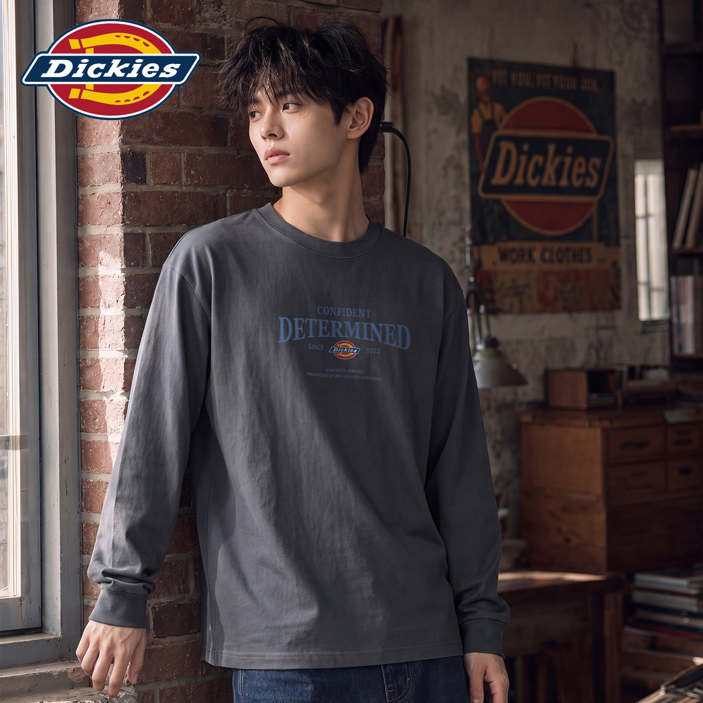 Dickies帝酷适美式字母印花圆领男士秋季宽松百搭长袖T恤打底衫Y