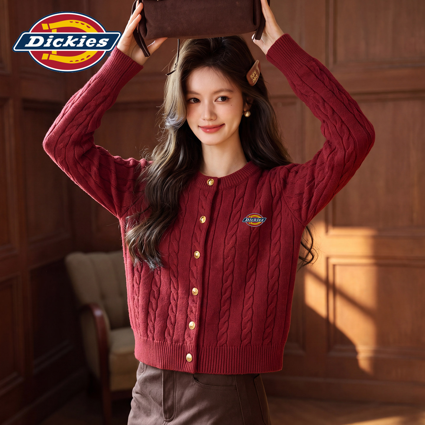 Dickies圆领麻花针织毛衣开衫女秋季简约休闲外套宽松显瘦毛衫1A