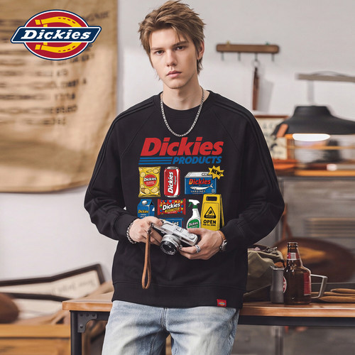 Dickies帝酷适趣味印花圆领卫衣男秋季黑色宽松休闲百搭套头上衣M
