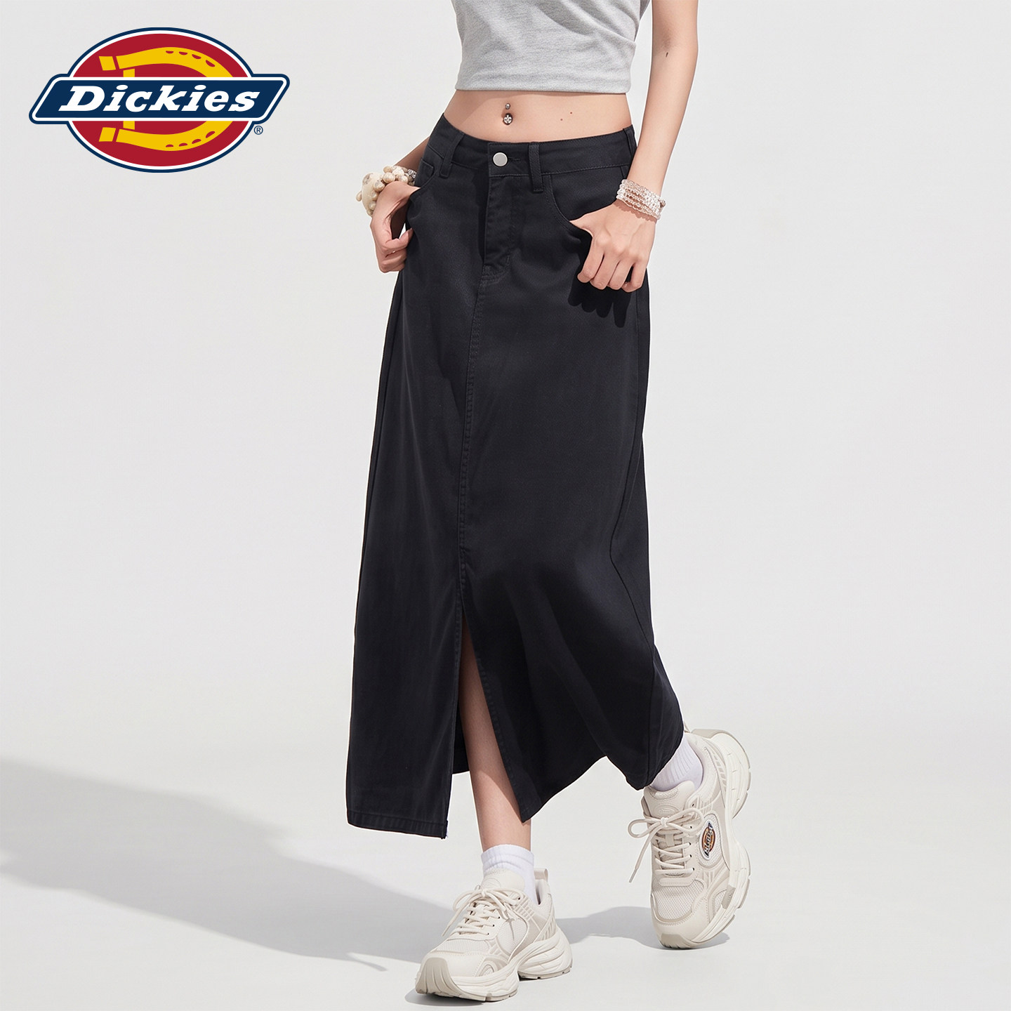 Dickies帝酷适黑色开叉天丝牛仔半身裙女秋季高腰显瘦包臀A字裙Y