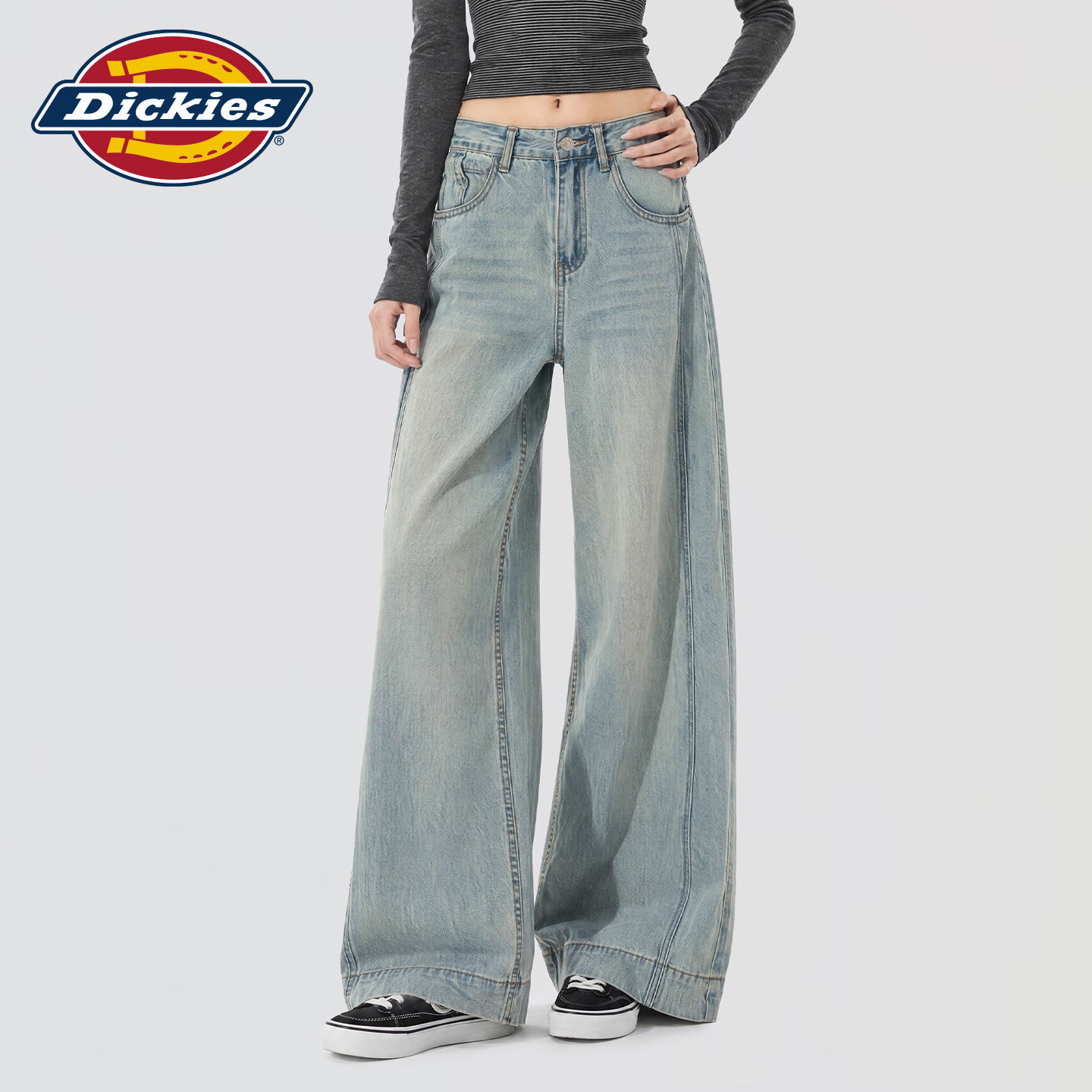 Dickies帝酷适美式蓝色阔腿牛仔裤女2026秋季宽松显瘦百搭拖地裤m