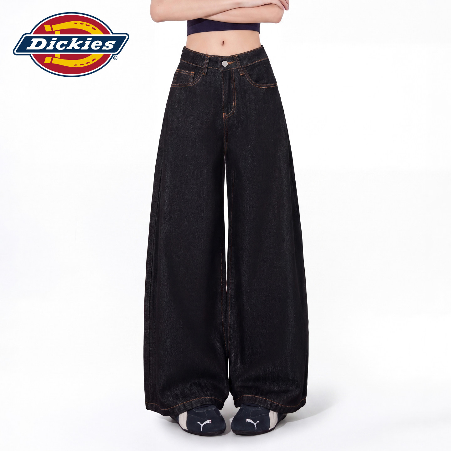 Dickies帝酷适黑色阔腿牛仔裤女2026秋季宽松显瘦设计感拖地长裤m