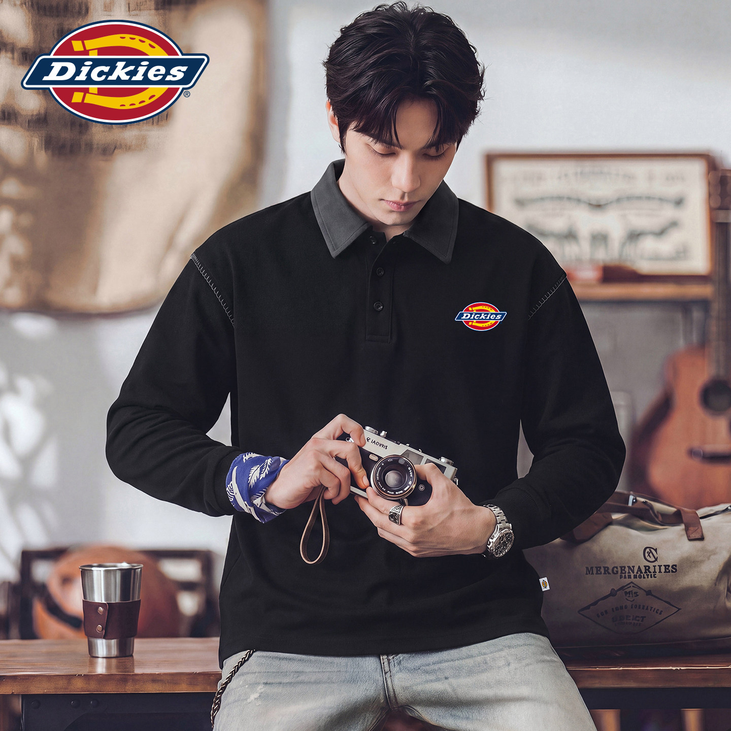 Dickies帝酷适经典小标撞色明线钩针纽扣翻领男士春秋季套头卫衣Y