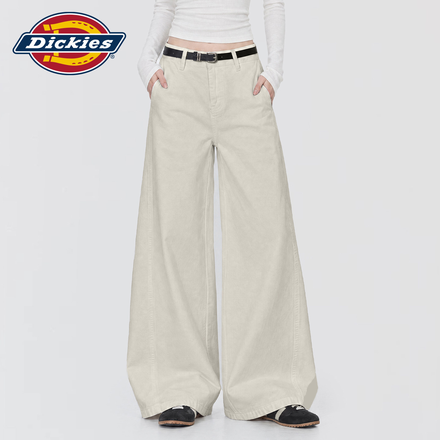 Dickies帝酷适美式奶昔米色阔腿牛仔裤女高腰显瘦宽松设计拖地裤m