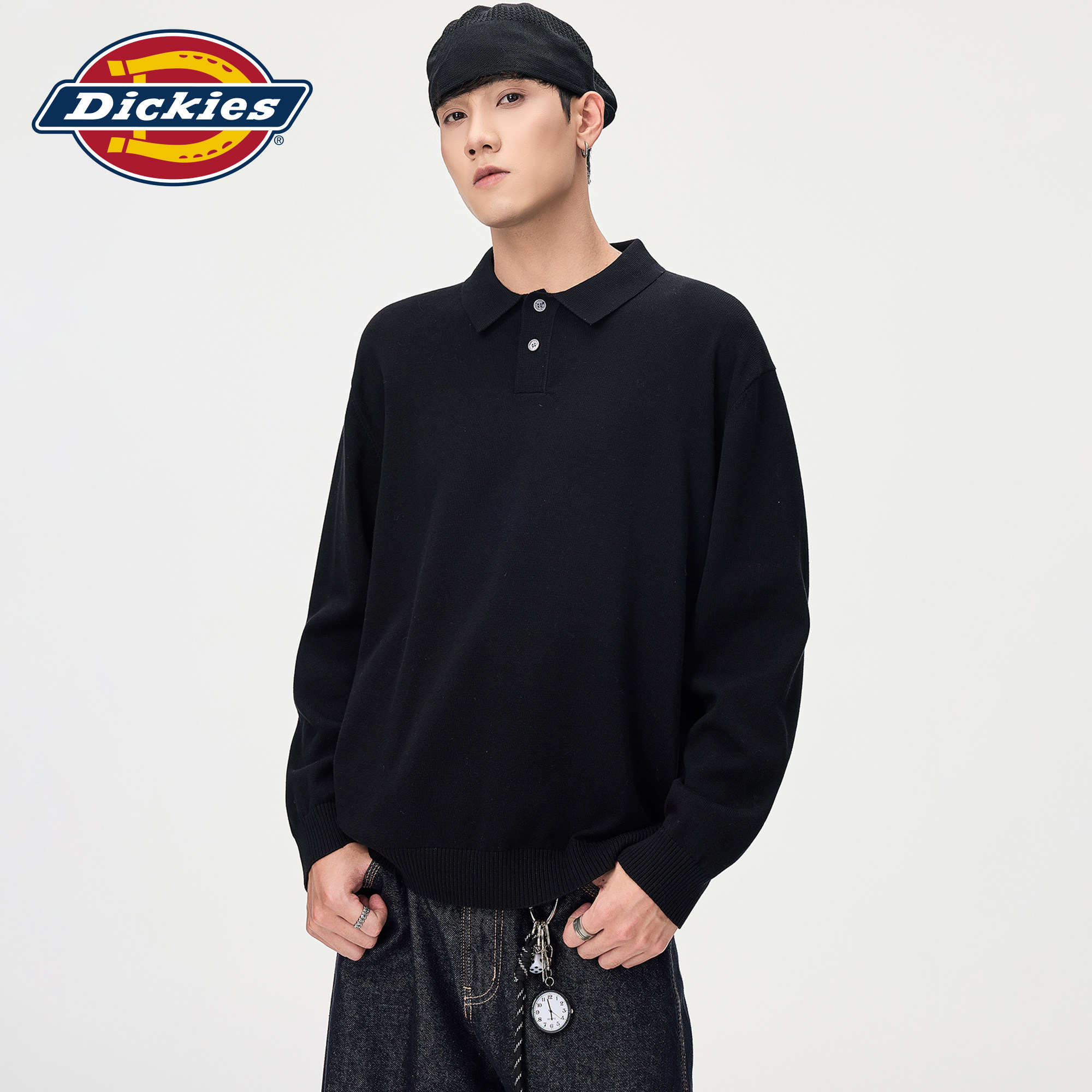 Dickies帝酷适黑色polo翻领针织衫男秋季宽松百搭肌理感毛衣外套M
