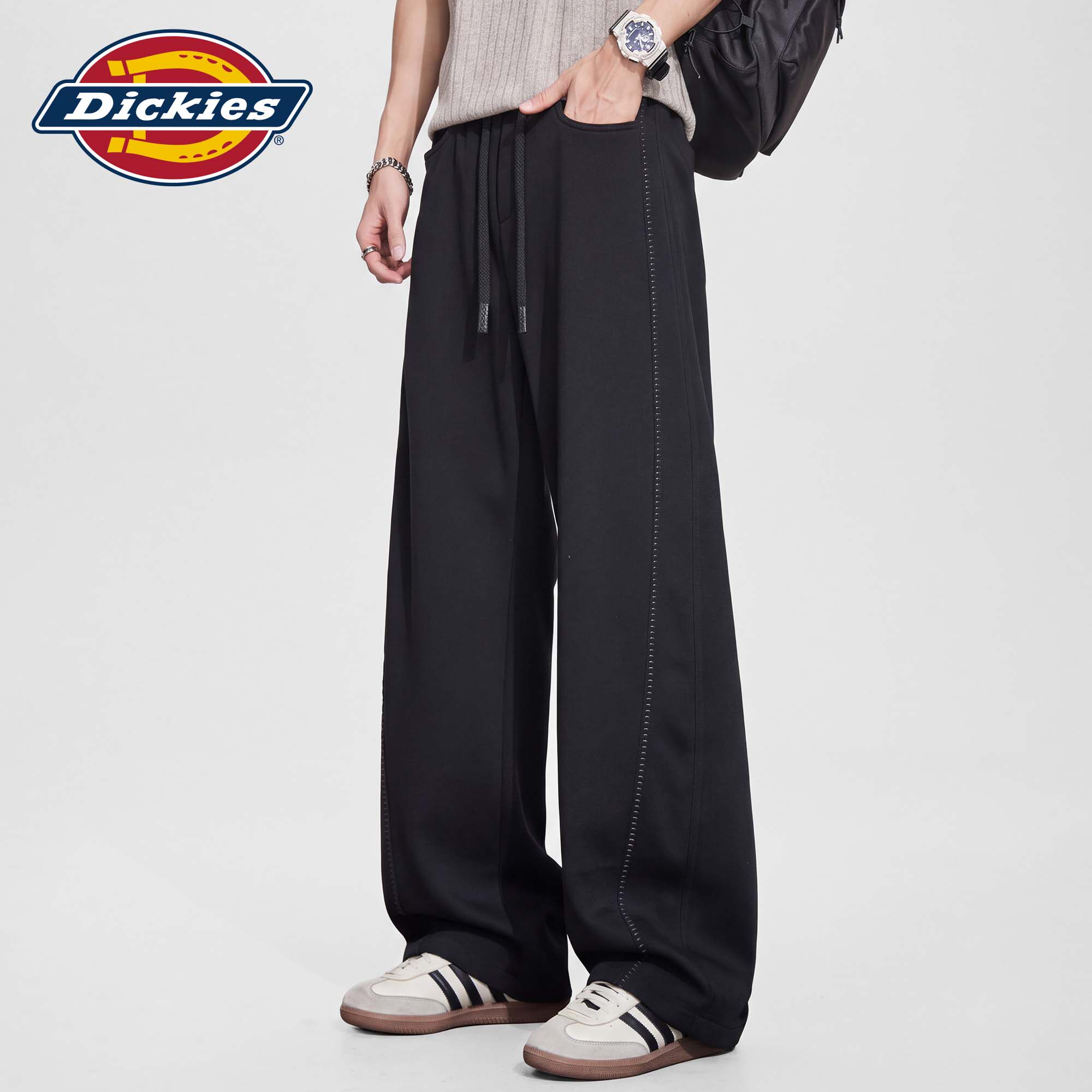 Dickies帝酷适黑色明线阔腿休闲卫裤男秋季美式抽绳宽松直筒裤子M