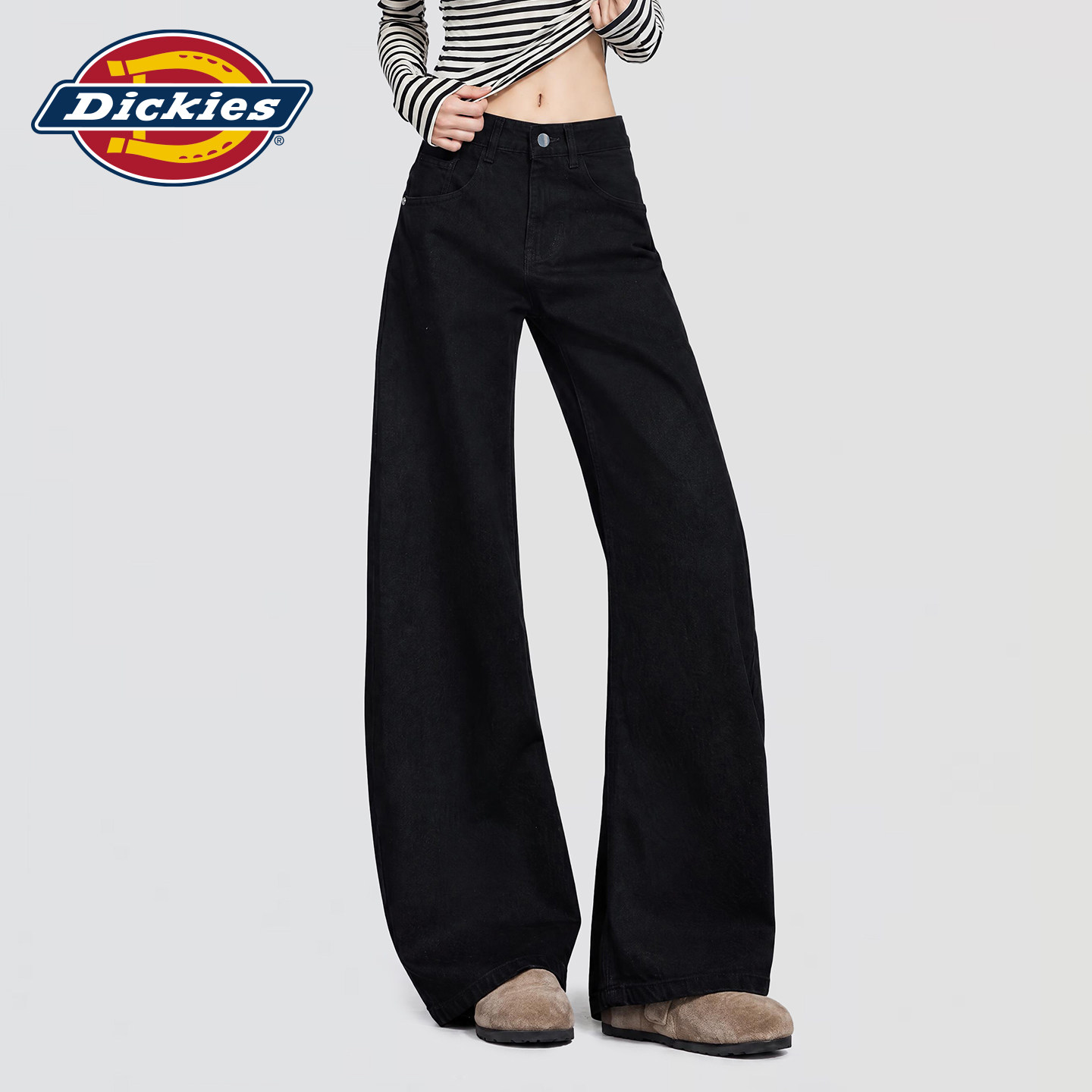 Dickies帝酷适简约美式风黑色高腰阔腿牛仔裤女宽松显瘦直筒长裤m