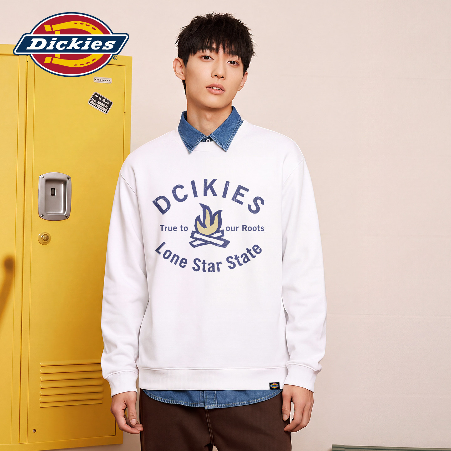 Dickies圆领卫衣男秋季白色印花套头衫运动正肩保暖无帽早秋外套A