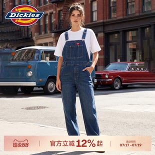 Dickies帝酷适牛仔背带裤女春秋宽松阔腿工装直筒黑色休闲长裤子J