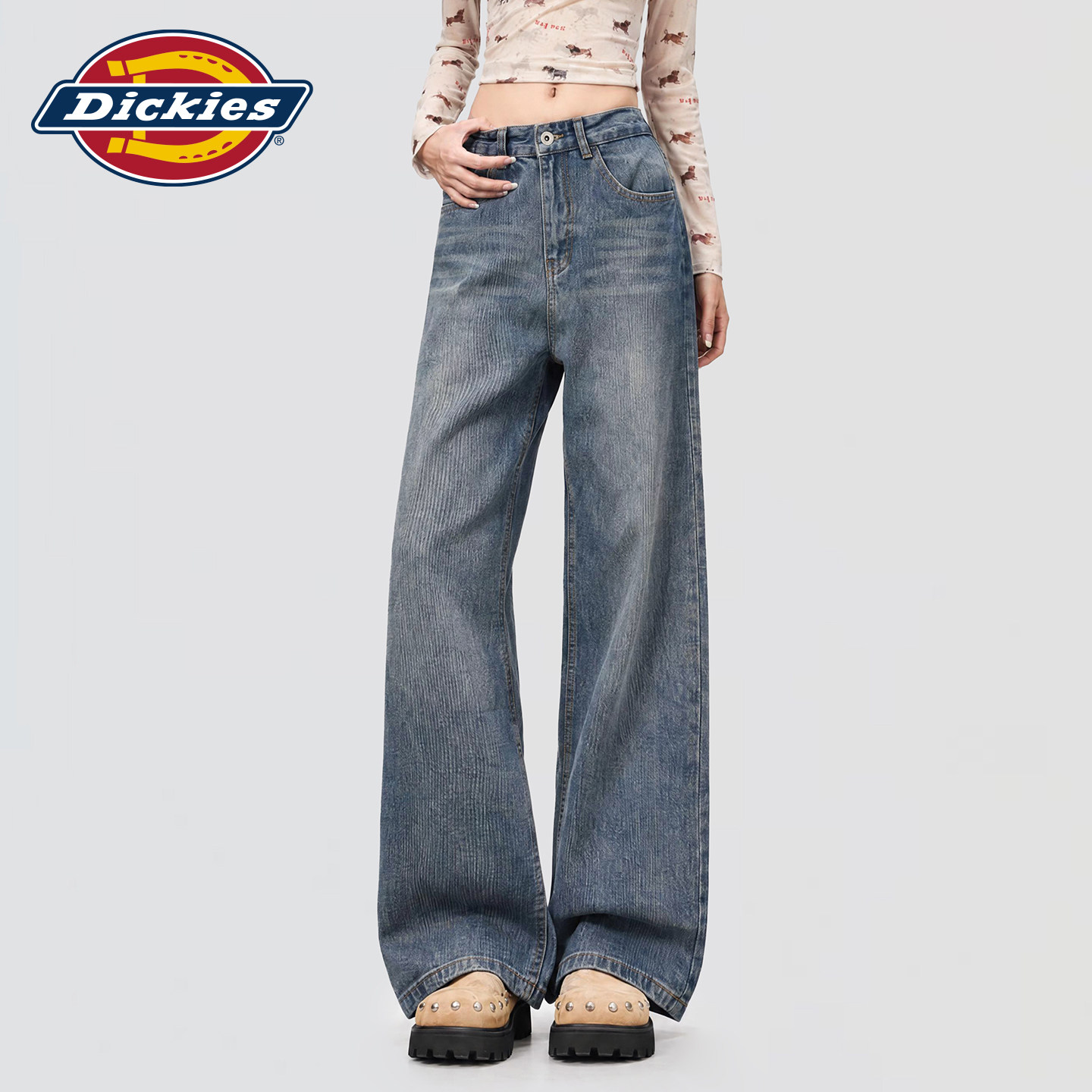 Dickies帝酷适复古高腰直筒牛仔裤女秋冬宽松显瘦百搭阔腿裤长裤m