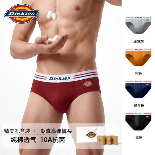 Dickies男士内裤纯棉透气一片式个性男式高档三角内裤低腰紧身男N