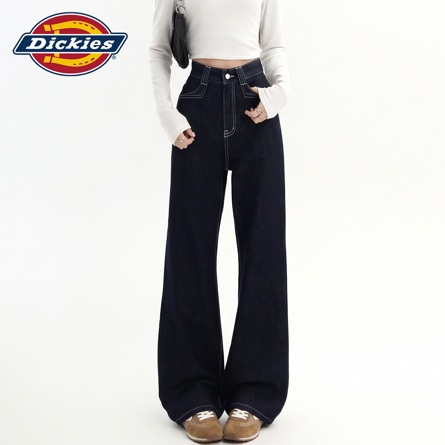 Dickies帝酷适美式复古高腰微喇牛仔裤女宽松垂感直筒拖地长裤子Y
