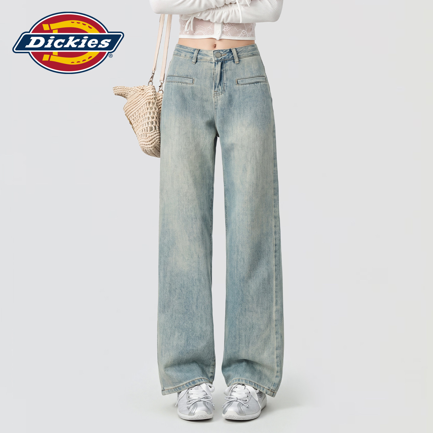 Dickies帝酷适复古蓝阔腿牛仔裤女2026秋季高腰显瘦宽松直筒长裤m