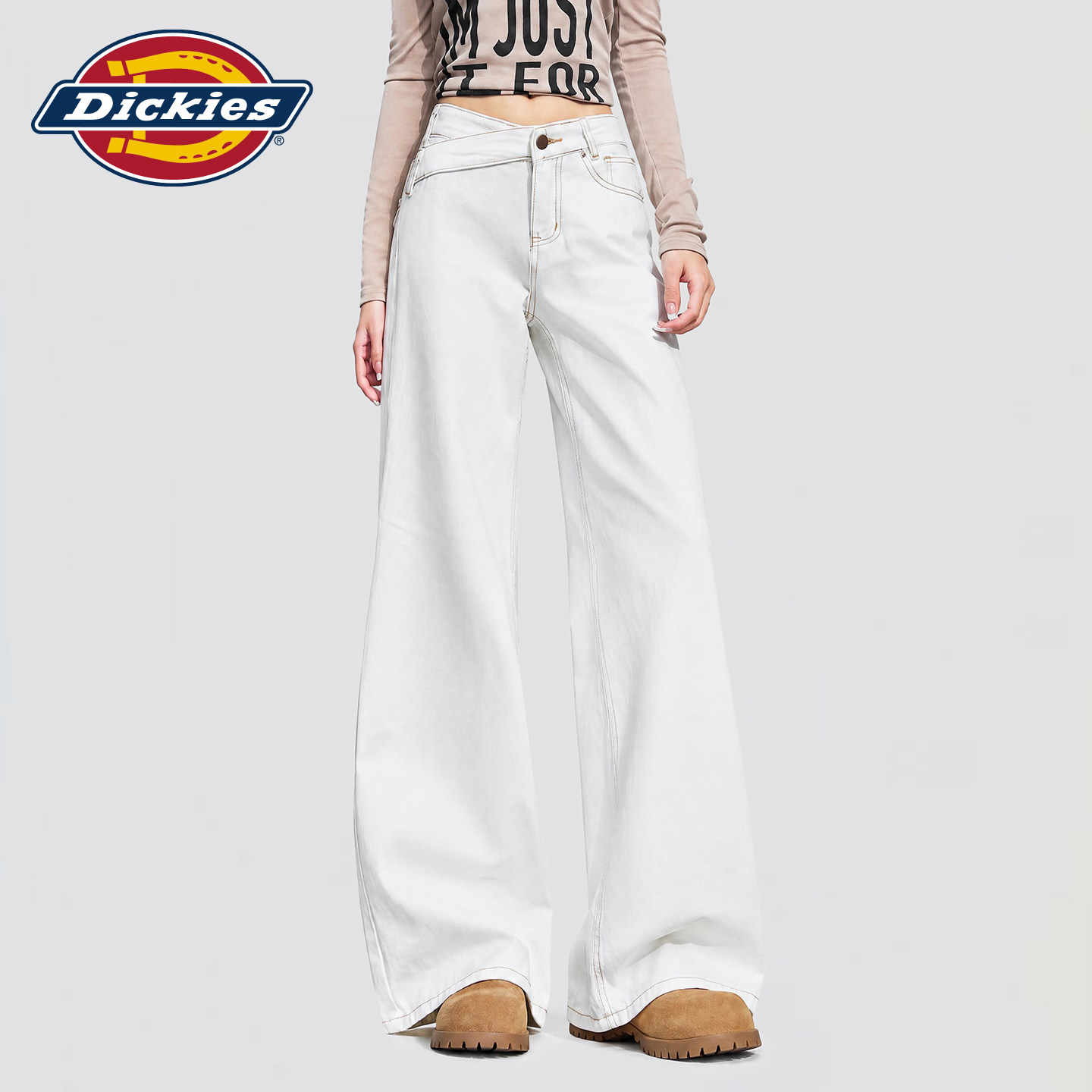 Dickies帝酷适美式风垂感白色高腰阔腿牛仔裤女宽松显瘦拖地长裤m