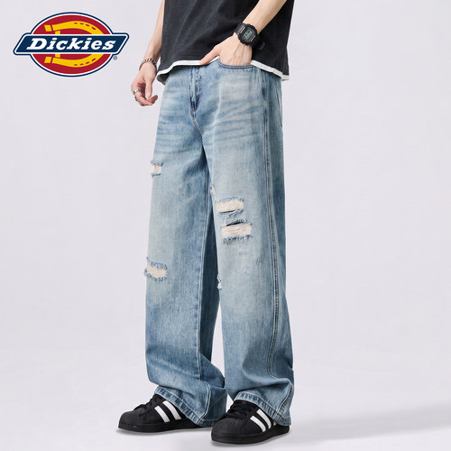 Dickies帝酷适破洞弯刀牛仔裤男美式高街水洗宽松直筒阔腿长裤子M