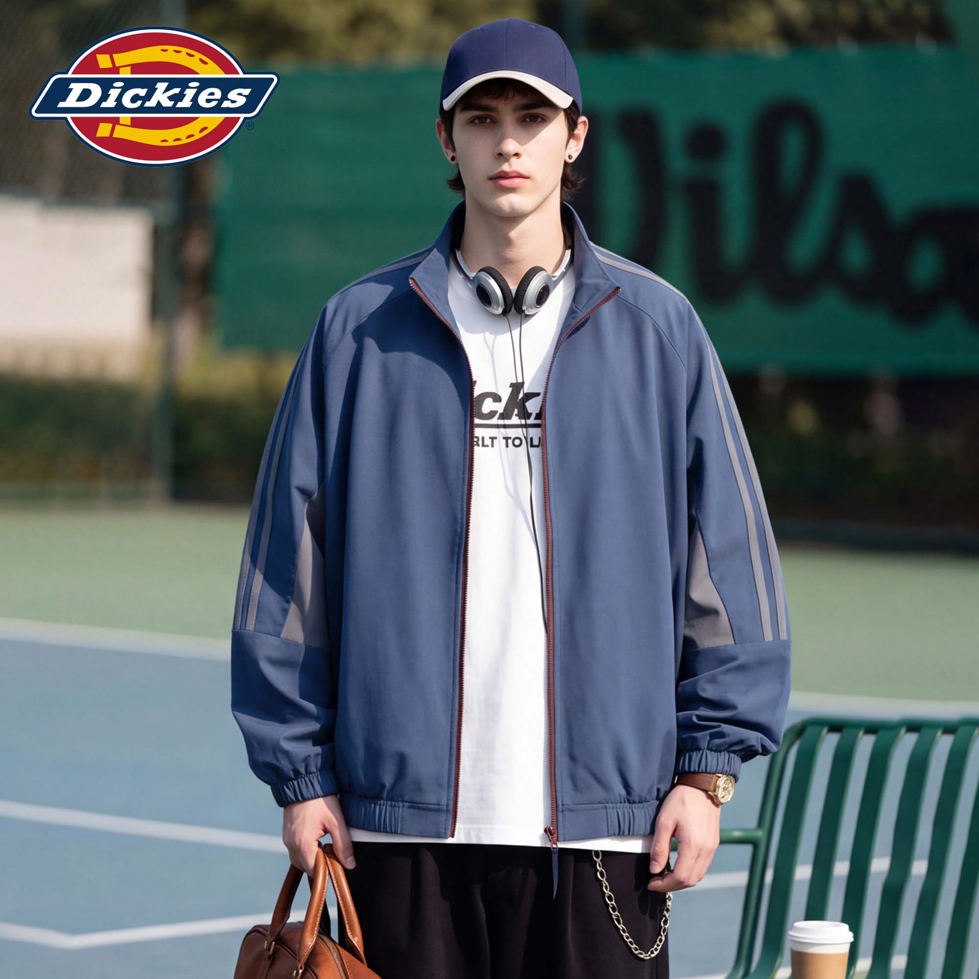 Dickies帝酷适秋季撞色条纹立领夹克男宽松休闲运动情侣短款外套M