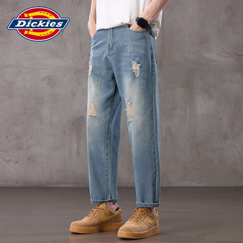 Dickies新款破洞直筒九分牛仔裤