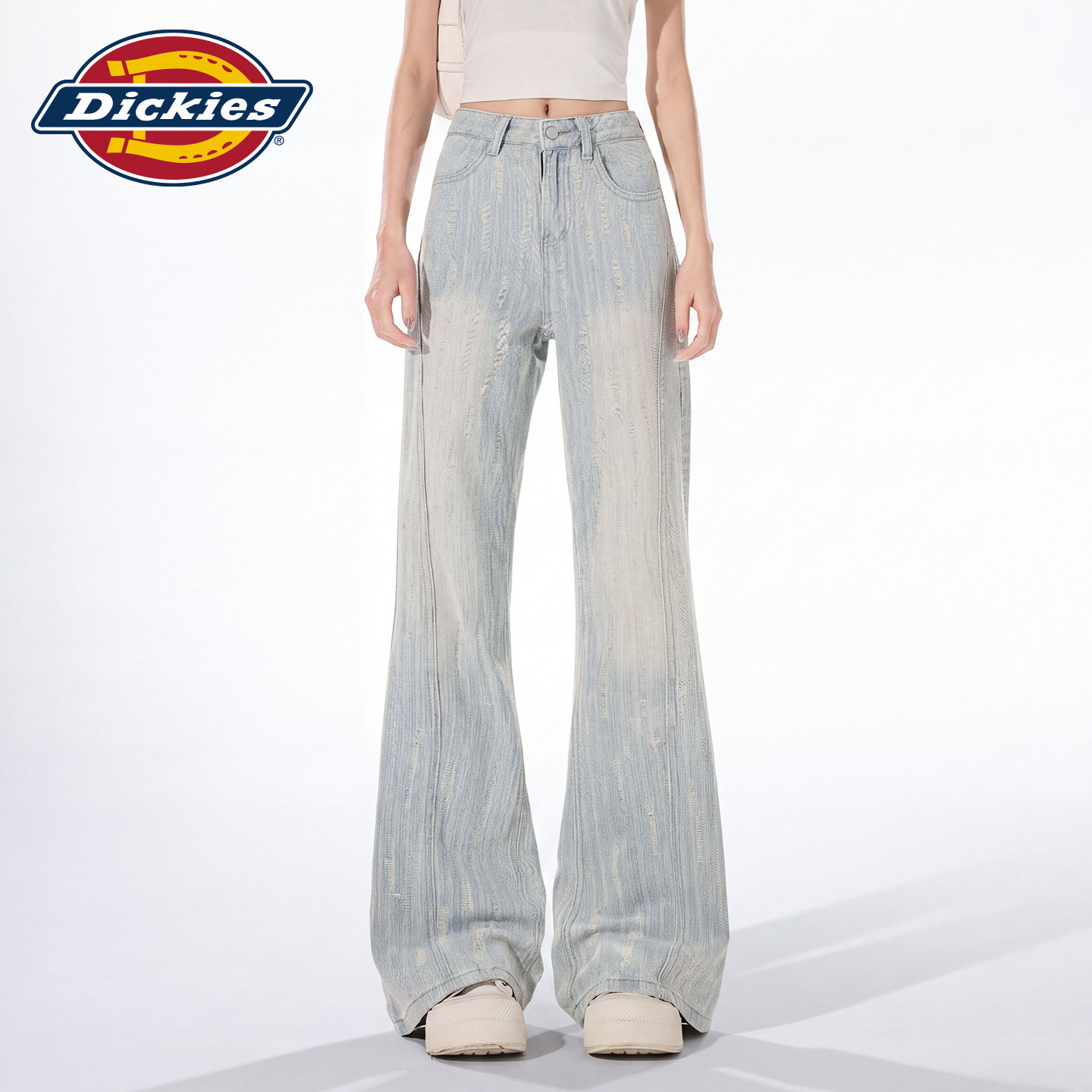 Dickies帝酷适高腰水洗微喇牛仔裤女2026秋修身显瘦提花喇叭长裤m
